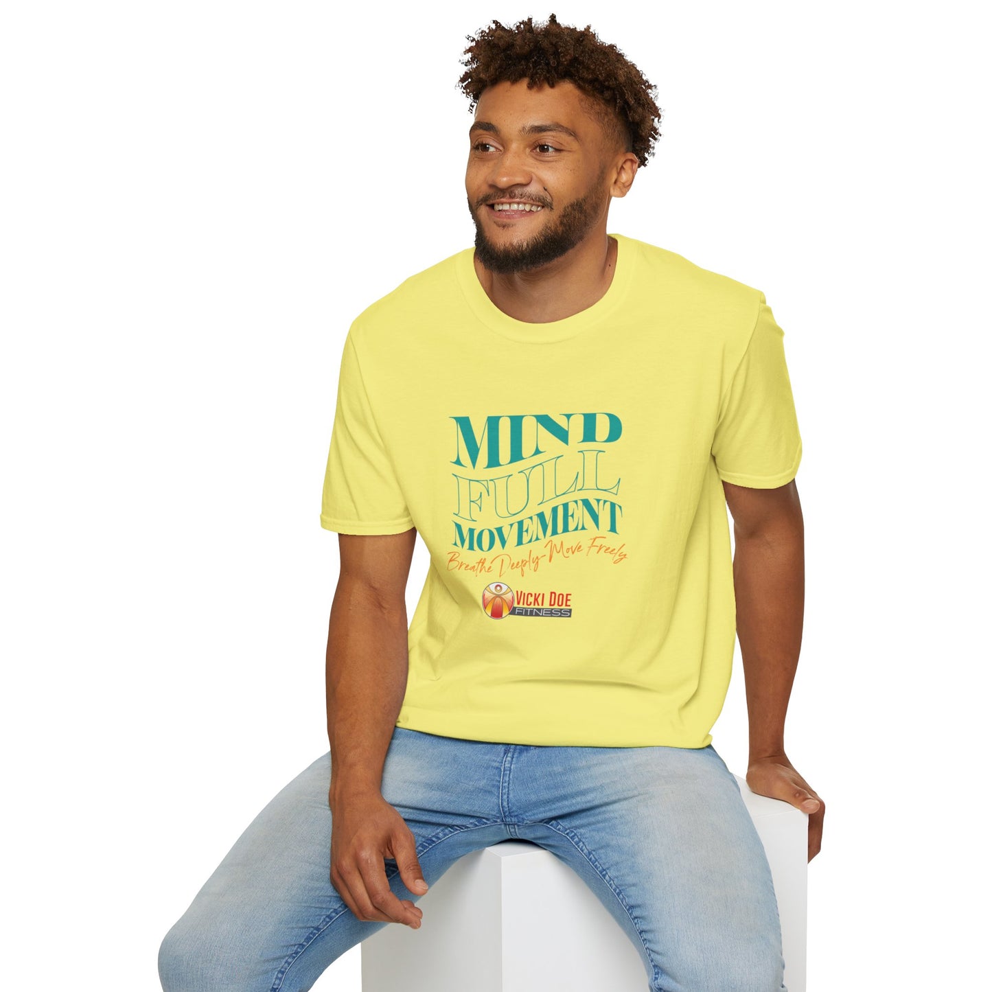 Colorful Vicki Doe Fitness “Mindful Movement” Unisex Softstyle T-Shirt