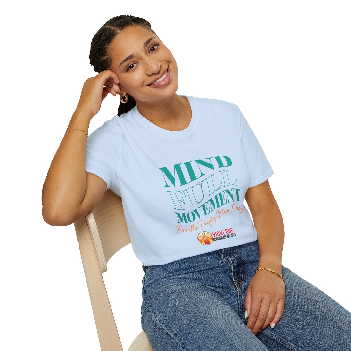 Colorful Vicki Doe Fitness “Mindful Movement” Unisex Softstyle T-Shirt