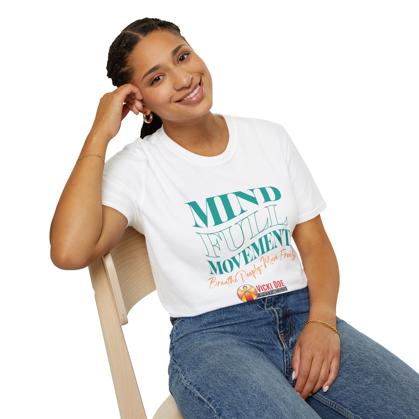 Colorful Vicki Doe Fitness “Mindful Movement” Unisex Softstyle T-Shirt