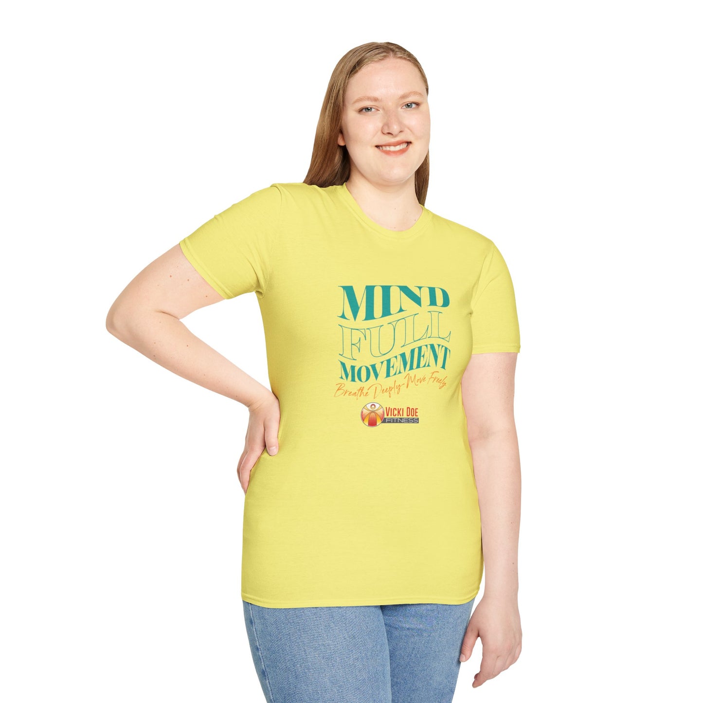 Colorful Vicki Doe Fitness “Mindful Movement” Unisex Softstyle T-Shirt