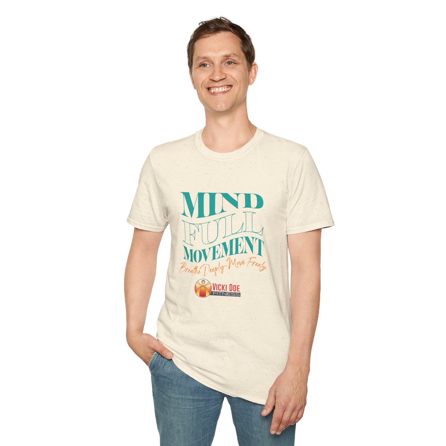 Colorful Vicki Doe Fitness “Mindful Movement” Unisex Softstyle T-Shirt