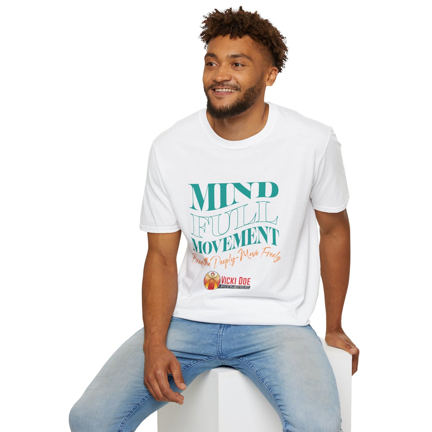 Colorful Vicki Doe Fitness “Mindful Movement” Unisex Softstyle T-Shirt